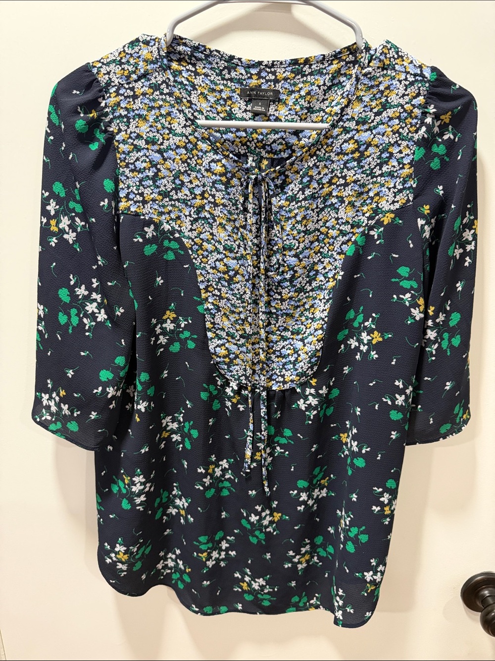 Ann Taylor Navy Floral Tie-Neck Blouse with Green Accents